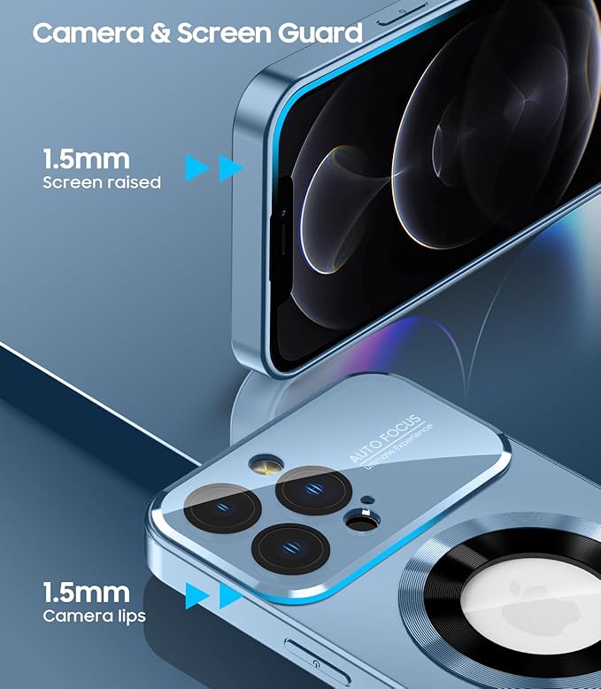 Magnetic for iPhone 12 Pro Max Case, Compatible with MagSafe, Built-in Camera Lens Protector, Logo View, Military Grade Drop Proof Phone Case Cover, Sierra Blue