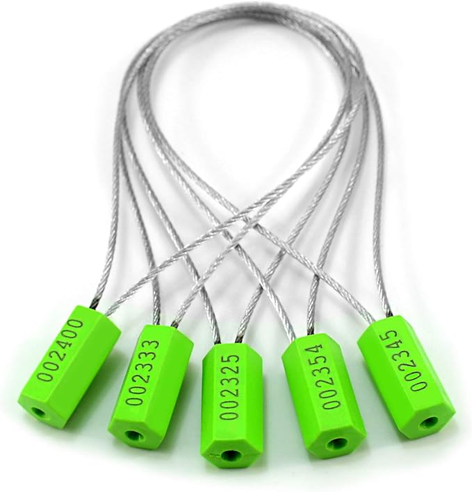 Leadseals(R) 100 Security Cable Seals Numbered Security Tags Tamper Proof Tags Pull Tight Steel Wire Seals for Truck, Trailers, Cargo, Containers, Vans, Oil Tank, Milk Vehicle (Green, Pack of 100pcs)