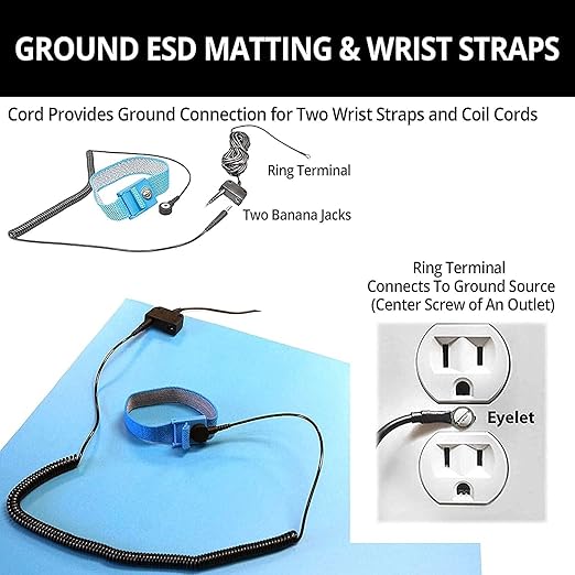RubberStat Dual Layer ESD Compliant Workstation Rubber Table Mat Kit, Soldering, Cell Phone Repair, with Wrist Strap Set and Ground Cord - 24"x36" Grey