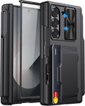 for Samsung Galaxy Z Fold 6 Case with Card Holder & S Pen Holder & Slide Camera Cover, Built-in Hinge Protection & Screen Protector, Durable Wallet Phone Cover Case for Z Fold 6 5G 2024, Black