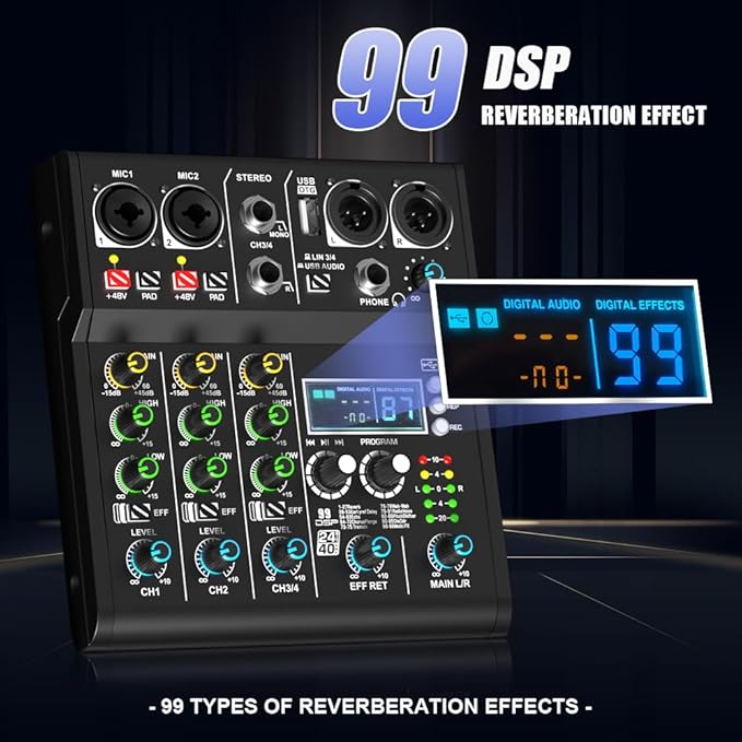 mw-4 black 4Channel Audio Mixer with 99 Sound Effects for PC,Portable Sound Mixing Console with BT USB Recording Input for Live Streaming,Podcasting