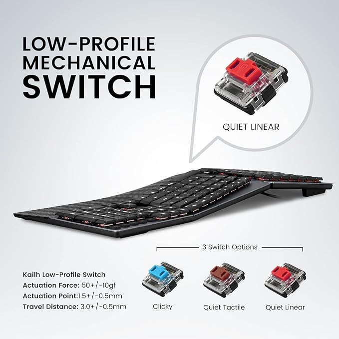 Perixx PERIBOARD-535RD Wired Ergonomic Mechanical Split Keyboard - Low-Profile Red Linear Switches - Programmable Feature with Macro Keys - Compatible with Windows and Mac OS X - US English, Black