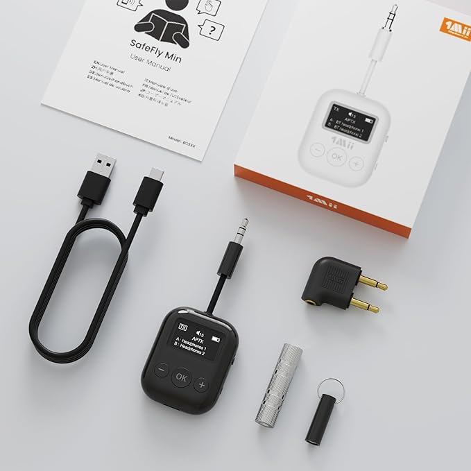 Airplane Bluetooth 5.3 Transmitter for All Headphones - Bluetooth Adapter for TV - Dual Connection - aptX Low Latency - Flying Travel,Long Flight Essentials - Wireless Audio Aux for MP3,Game,PC-Black