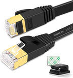 Cat 7 Flat Ethernet Cable 25ft Black, High Speed 10GB Shielded (STP) LAN Internet Network Cable Ethernet Patch Computer Cable with Rj45 Connectors and 10pcs Adhesive Cable Clips
