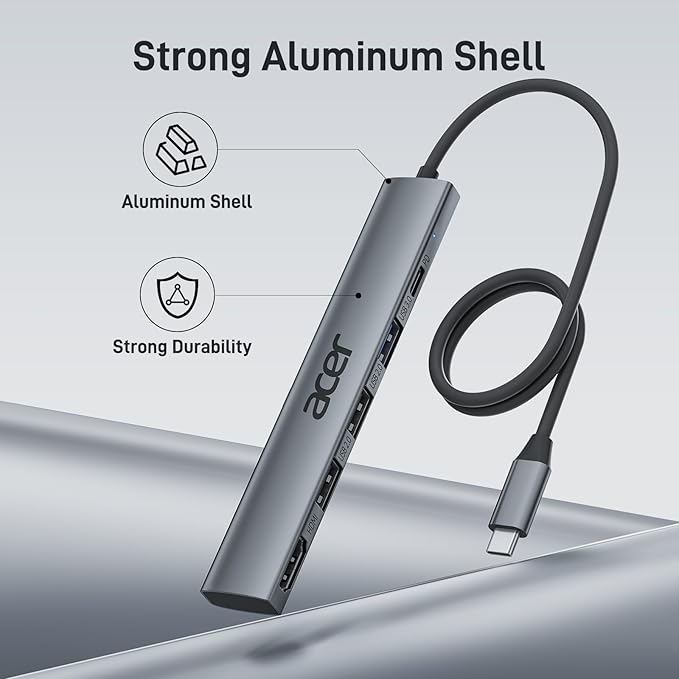 Acer USB C Hub 5 in 1 with 4K HDMI, 100W Power Delivery, 3 USB A Data Ports, USB C to HDMI Multiport Adapter for Laptop, PC, Tablet, MacBook Pro/Air, iPad Air/Pro, iMac, iPhone 15/16 Pro/Pro Max (2ft)