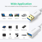 VCZHS Tech USB Extension Cable White 6.6ft, USB 3.0 Extender for High-Speed Data Transfer & Fast Charging, Durable & Flexible for Mouse, Keyboard, Printer, Flash Drive, Webcam, and More
