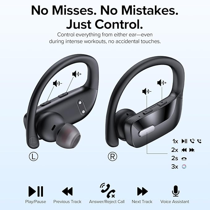 OCC Wireless Ear Hook Sport Earbuds, Bluetooth Headphones with Mic, IPX5 Waterproof, 80H Playtime, Deep Bass, Secure Fit for Running Gym Workout - Black