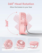 USB Desk Fan, 5 Inch Mini Portable, 3 Speeds Strong Airflow Personal Desktop, Detachable Cooling Fan 360° Rotation Quiet Small Fan for Desk Home Office Travel Car, Pink, 5ft Cable