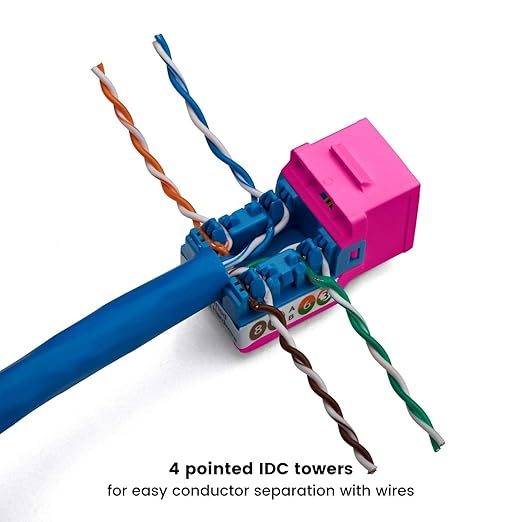 trueCABLE Cat6 Keystone Jack, Unshielded (UTP), 90 Degree Punch-Down, PoE++ (4PPoE) 100W, UL Listed, ETL Verified, ANSI/TIA Certified, Modular RJ45 Female, Pink, 12 Pack