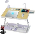 Laptop Lap Desk Include Cooling Fan,Adjustable Lap Desk with Light Fan,Folding Laptop Desk for Bed with USB,Bed Desk with Storage Drawer 60x40cm,White Oak