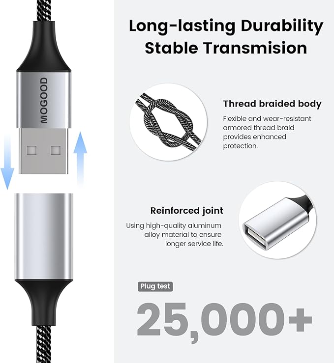 Durable USB A Male to 2 Female Extension Cord - Nylon Braided Splitter Cable for Printer, Keyboard, Flash Drive, Hard Drive, PlayStation