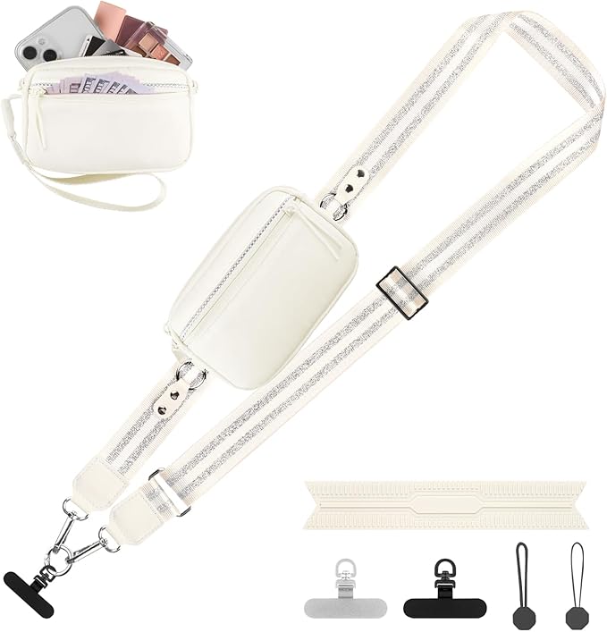 Clip and Go Strap for Phone with Wallet Crossbody, Adjustable Phone Lanyard with Detachable RFID Wristlet Wallet, Pattern Strap, Cream&Silver (M)