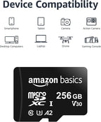 Amazon Basics Micro SDXC Memory Card with Full Size Adapter, A2, U3, Read Speed up to 100 MB/s, 256 GB, Black