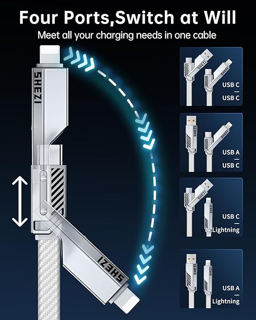 SHEZI [Upgraded 2.0] 4-in-1 USB C Cable 60W 10FT Fast Charging [480Mbps Data Sync] Flat Nylon Braided Charger Cord Combo, USB A/C to C/L Multi Charge Cable for iPhone/iPad & Most Devices, Silver
