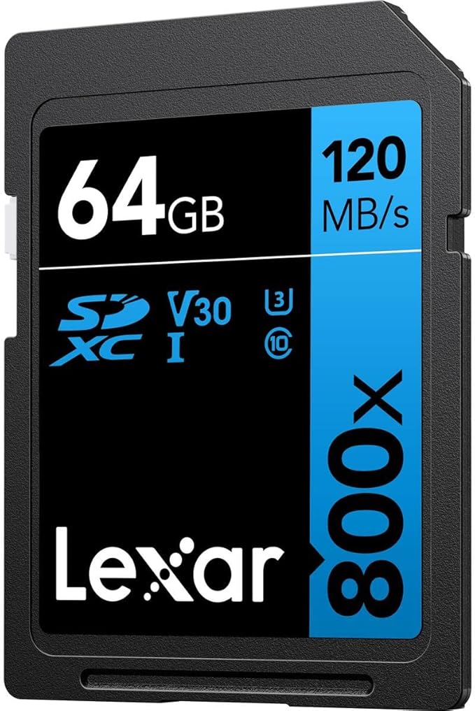 Lexar High-Performance 800x 64GB (2-Pack) SDXC UHS-I Memory Cards, C10, U3, V30, Full-HD & 4K Video, Up to 120MB/s Read, for Point-and-Shoot Cameras, Mid-Range DSLR, HD Camcorder (LSD0800064G-B2NNU)