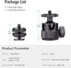 Mini Ball Head, CNC All Metal Aluminum Universal Panoramic Tripod Head Mount for Compact DSLR Action Cam Phone LED Ring Light Monopod Slider, 4.4lb Max Load