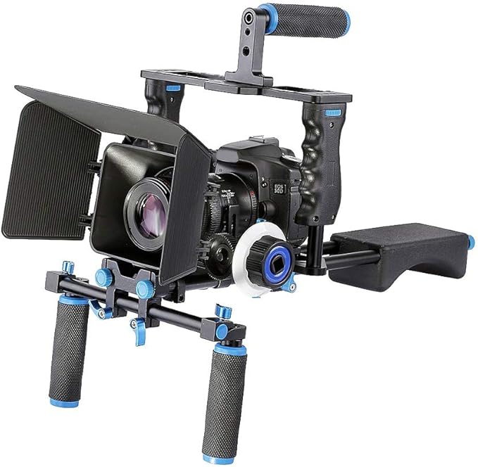 Shoulder Rig Stabilizer Kit, Aluminum Alloy Camera Stabilizer Cage with Top Handle Follow Focus Rods Shoulder Rig 1/4 3/8 Screw