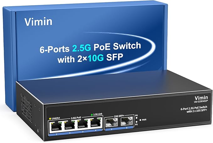 6-Port 2.5G PoE Switch Unmanaged, 4X 2.5GBase-T PoE Ports, 2X 10Gbps SFP, 4 Port PoE Switch 60Gbps Switching Capacity, Support IEEE802.3af/at, Metal Housing, Fanless, Desktop/Wall Mount 2.5Gbe Switch