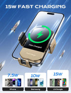 CHGeek Wireless Car Charger, 15W Fast Charging Auto Clamping Car Charger Phone Mount Phone Holder fit for iPhone 15 14 13 12 11 Pro Max Xs, Samsung Galaxy S25 Ultra S24 S23 S22, S21, S20, Golden