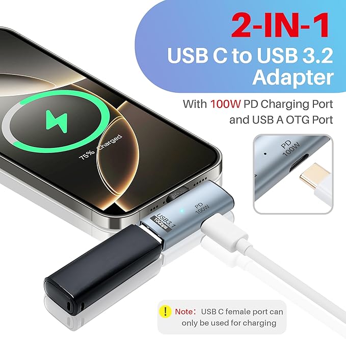 2-in-1 USB C 3.1 to USB 3.0 10Gbps Adapter with 100W Charging Port, USB Female to USB Type-C Male OTG (On The Go) Data Transfer Converter for iPhone 16/15 Series, MacBook, iPad-2Pack