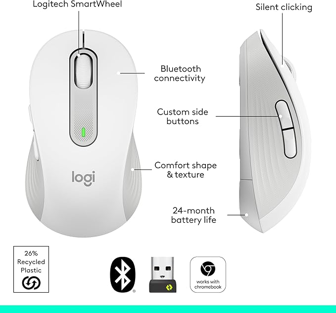 Logitech Wireless Mouse Signature M650 L Full Size - Large Hands, 2-Year Battery, Silent Clicks, Customizable Buttons, Bluetooth, PC/Mac/Chromebook - Off White, Right-Handed, Large