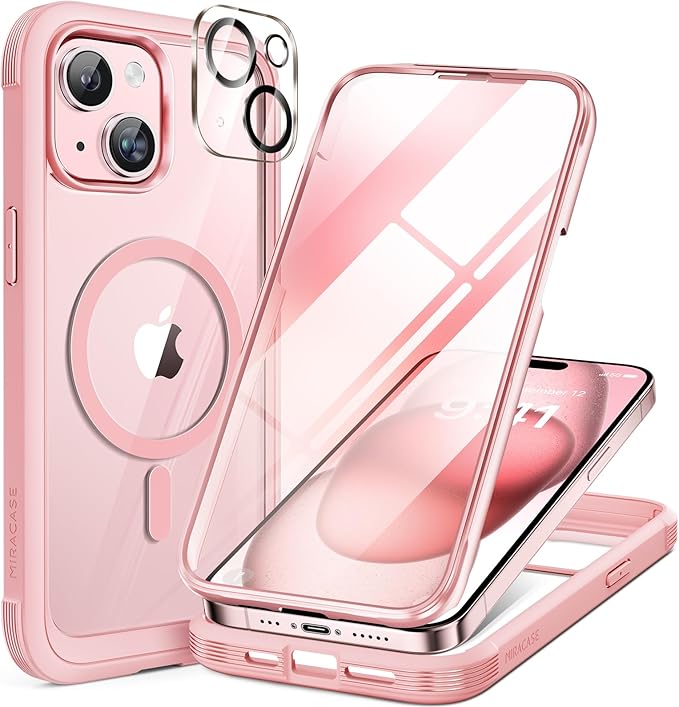 Miracase Glass Series for iPhone 15 Case [Compatible with MagSafe] Full-Body Magnetic Case with Built-in 9H Tempered Glass Anti-Fingerprint Screen Protector + Camera Lens Protector, Pink and Clear