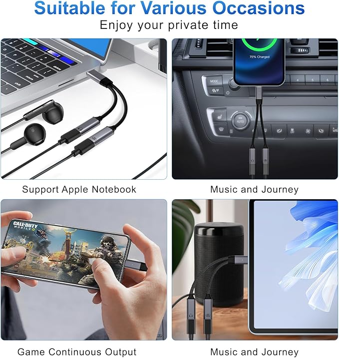 USB C Splitter，2 in 1 USB C Headphone and Charger Adapter Audio Dongle Cable with PD 100W for iPhone 16 15 Pro Max, Pixel 9 8 7, Galaxy S24 S23 S22, iPad Pro