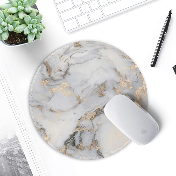 ITNRSIIET Round Mouse Pad with Stitched Edge Premium-Textured Waterproof Non-Slip Rubber Base Desktop Protection Mat Diameter 8.7 inches, Gray Marbling Gold