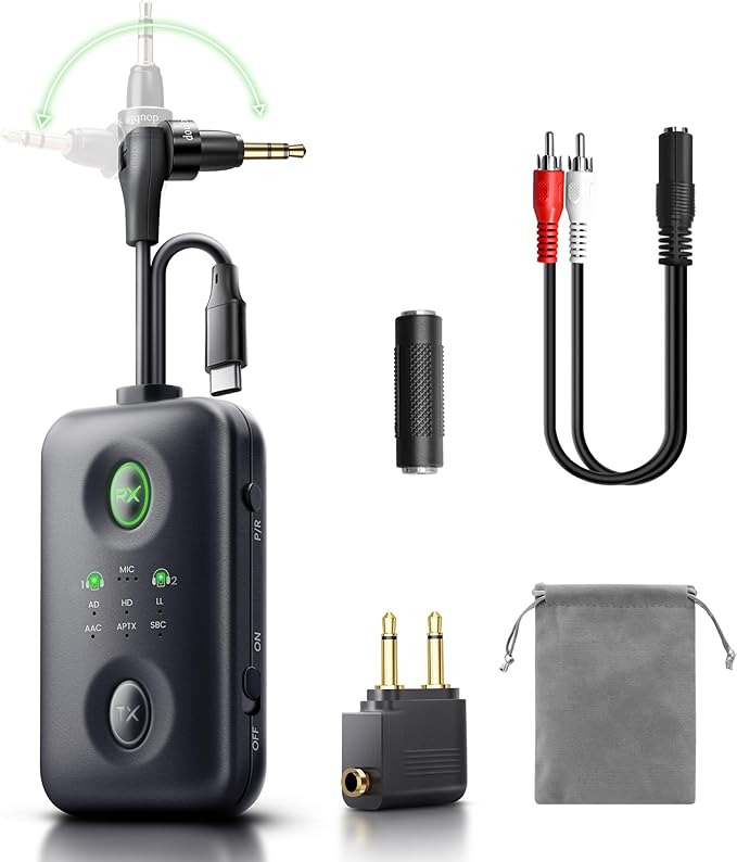 Unique Design Bluetooth 5.4 Transmitter Receiver with Qualcomm aptX Adaptive for Dual AirPods/Headphones, 3.5mm Aux Jack & USB C Bluetooth Adapter for Airplane/TV/PS5/Gym/Phone/Tablet/Car(for TV)