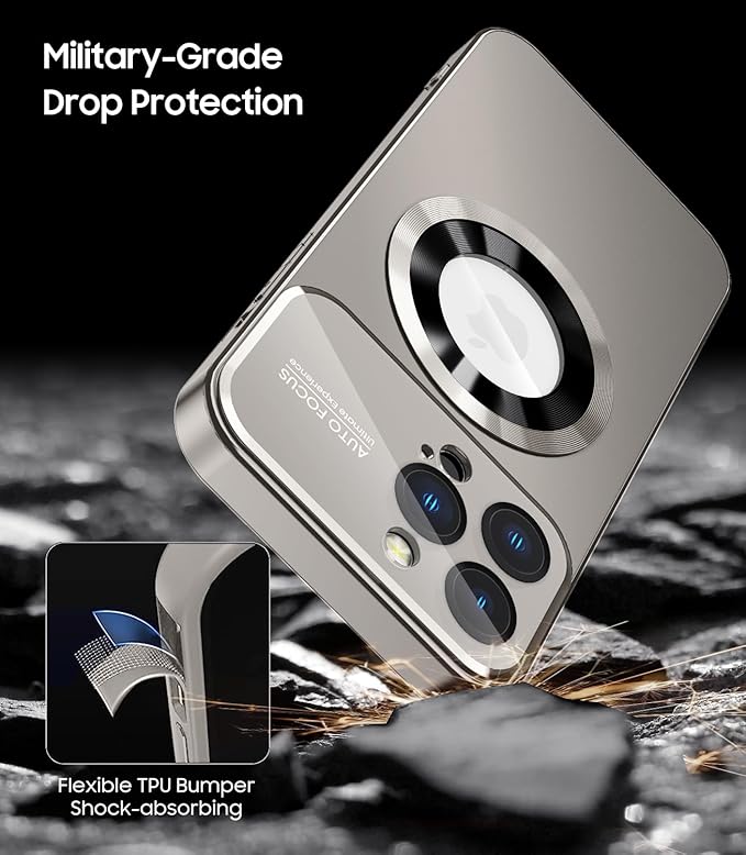 Magnetic for iPhone 14 Pro Max Case, Compatible with MagSafe, Built-in Camera Lens Protector, Logo View, Military Grade Drop Proof Phone Case Cover, Titanium Gray