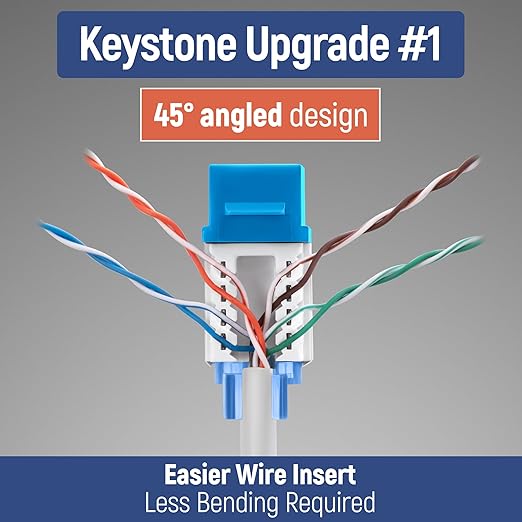 Everest 45° Angled RJ45 Cat5e Keystone Jacks 20-Pack in Blue - Slim Profile Female RJ45 Connectors - Cat 5e Keystone Jack - Compatible with 45° Angled Speed Termination Tool - 45Term (B0BL3GS7ZY)