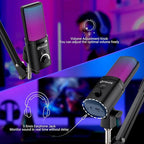 FDUCE Gaming USB Microphone, RGB Condenser mic with Mute, Gain, Monitoring, Boom Arm for Streaming, Podcast, Twitch, YouTube, PC, Computer, PS5, (M160+)