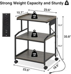 Lauren&Harold 34'' Printer Stand with Power Outlets & USB Ports, 3-Tier Adjustable Rolling Cart, Heavy Duty 150LBS Storage Table with Wheels for Office, Kitchen, Living Room, Grey/Black