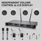 4 Channel Wireless Microphone System UHF 2 Cordless Handheld Mics and 2 Lavalier Headset Mics for Karaoke Church Speaking Conference Meeting Party, 4x25 Adjustable Frequency (2 Handheld + 2 Bodypack)