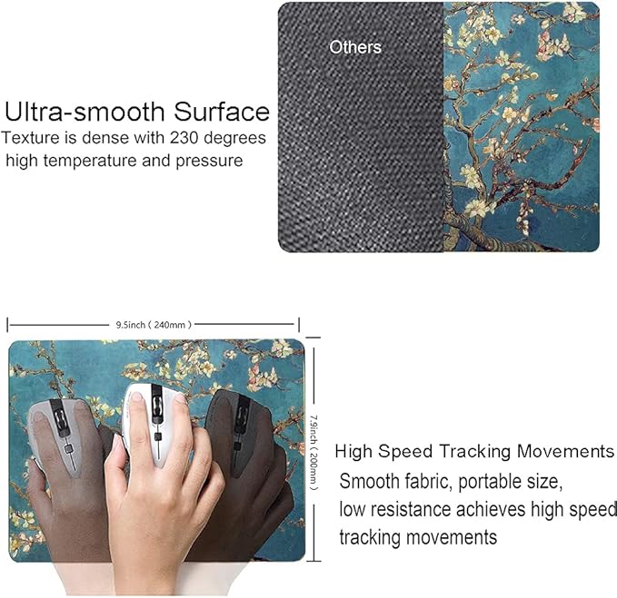 Almond Blossoms Van Gogh Mouse Pad, Oil Painting Flowers Mouse Mat, Square Waterproof Non-Slip Rubber Base MousePads for Office & Home Laptop