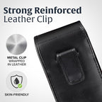 Turtleback Belt Holder for iPhone 16 Pro, 16e, 15 pro 14 Pro 13 Pro -Medium- Fits w/Shockproof Commuter Style Cases, Premium Black Leather Vertical Holster, Magnetic Closure Leather Wrapped Clip