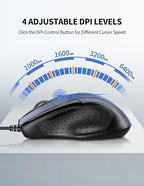 TECKNET USB Wired Mouse, 6-Button Corded Mouse with 4 Adjustable DPI, Optical Computer Mouse with Ergonomic Design and 5FT Cord for Laptop, Chromebook, PC, Desktop, Mac, Notebook-Blue