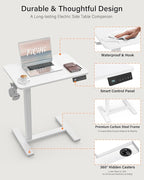 Small Mobile Standing Desk with Wheels, Electric Height Adjustable Portable Rolling Computer Cart, Movable Sit Stand Laptop Table for Sofa, Bedside, Home Office Workstation (27.6", White)