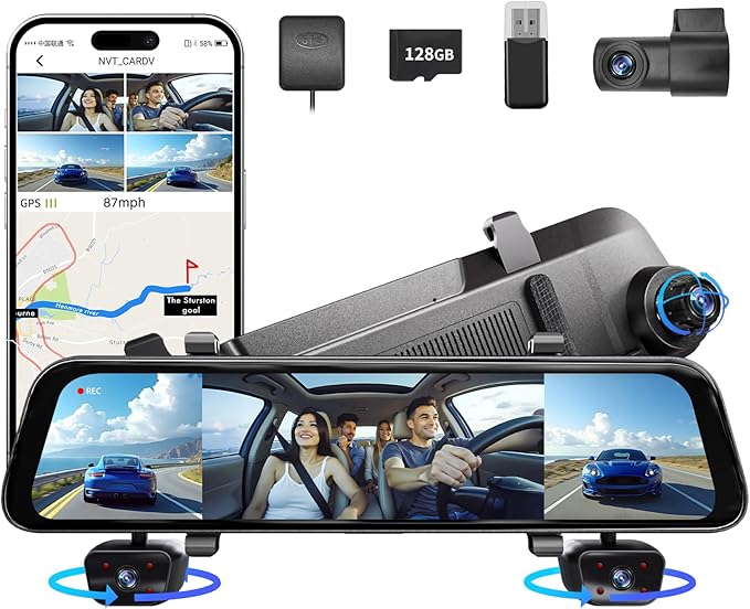2025 Rear View Mirror Camera,4 Channel Mirror Dash cam Front and Rear 24/7 Recording,12" Touch Screen Dash Camera for car Trucks,Built-in WiFi,GPS,IR Night Vision,Free 128GB SD Card