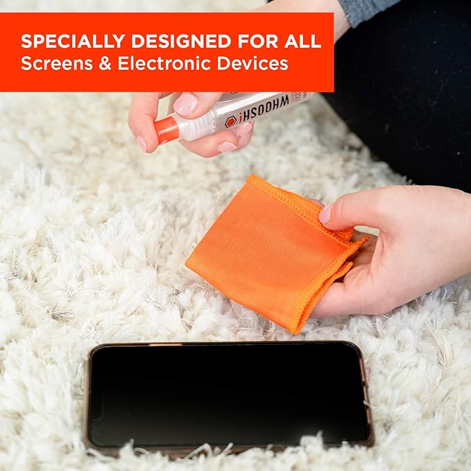 WHOOSH! Screen Shine Go - 1 fl oz Refillable Screen Cleaner Kit with Microfiber Cloth for MacBook, Phone, iPad & Eyeglasses - Powerful Streak-Free Cleaning - Pocket-Sized, TSA-Approved for Travel