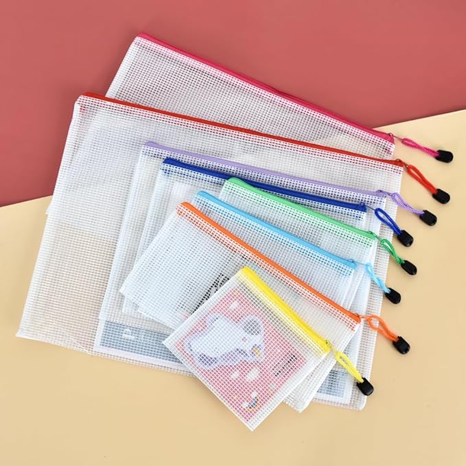 Vuzvuv 34pcs Mesh Zipper Pouch Set ，8 Sizes Plastic Document Pouch with Label Stickers,8 Colors Waterproof Document Mesh Bags for File, Makeup, Board Game School Office Home Travel Storage
