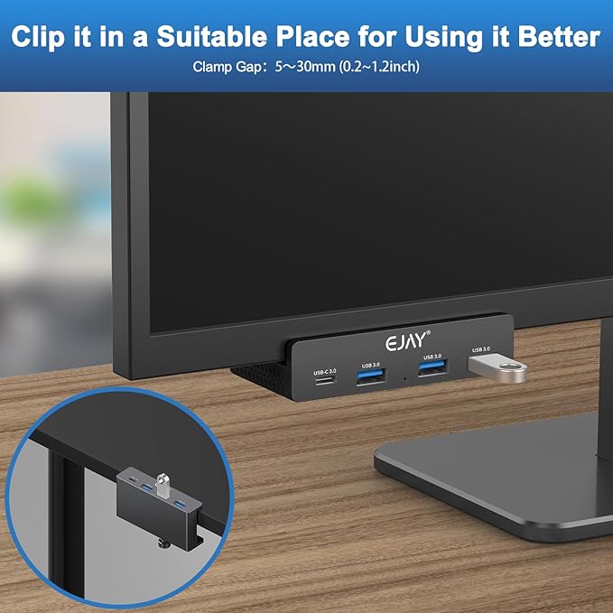 EJAY Mountable 4Ports USB3.0 HUB Alu Desktop Clamp Type C USB3.0 Splitter for Desk/Monitors with Extra Power Supply Port,59inches Data & 39inches Power Cables-5Gbps(3A1C) (JK-3A1C-BK)