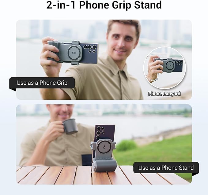 KIWIFOTOS Universal Phone Camera Grip Phone Tripod Mount with Remote Control & Cold Shoe Adapter for iPhone 16 15 Pro Max Samsung S24 S23 S25 Camera Holder Selfie Vlog Video Shooting (Gray)