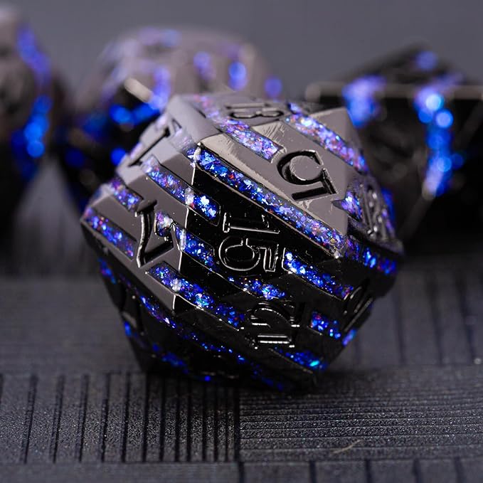 Metallic Glitter Stripes D&D Dice Set,7 PCS Polyhedral Dice with Gift,RPG Metal Dice Set Dungeons and Dragons Tabletop Game (Black Nickel Sapphire Blue)
