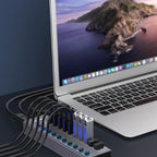 Powered 10-Port USB 3.0 Hub, USB C to 10 Ports USB Data Hub Splitter with Individual LED On/Off Switche, 3.3FT Cable, 12V/3A Power Adapter, for Laptop MacBook Pro/Air PC (Aluminum Gary)