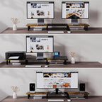 43.7" Extra Long Dual Monitor Stand Riser, Wood & Steel Monitor Stand for 2 Monitors, Wide TV Stand, Desktop Riser for Desk Organization, Home Office、Laptop,Printer,TV (Vintage black)