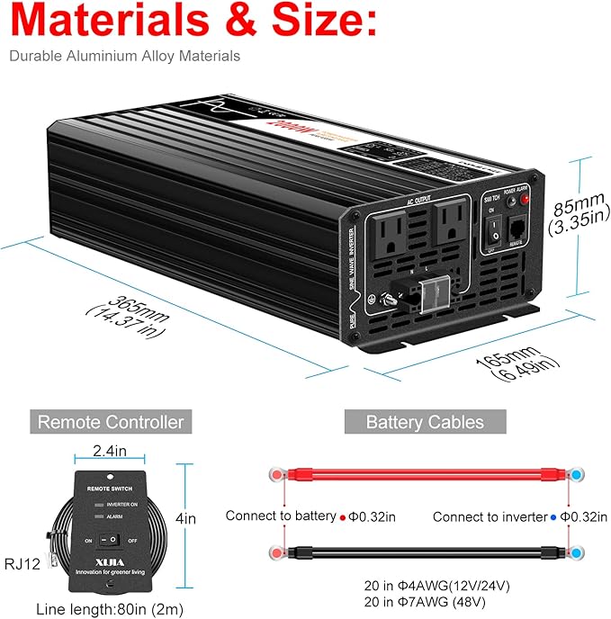 Xijia 2000W Pure sine Wave Power Inverter (Peak Power 4000W) dc 12v to 110v/120V ac 60HZ LCD-Display Bluetooth Remote Control,2 AC Outlets for RV, Camping, Boat,Outdoor