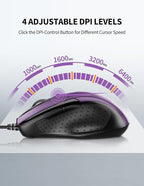 TECKNET USB Wired 6-Button Mouse With 4 Adjustable DPI, Optical Computer With Ergonomic Design and 5FT Cord for Laptop, Chromebook, PC, Desktop, Mac, Notebook - Purple