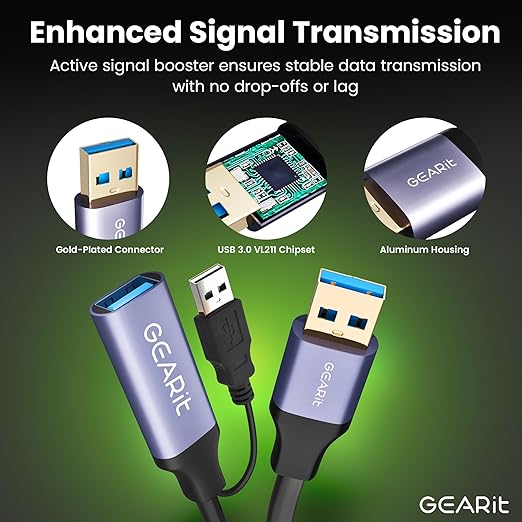 GEARit USB 3.0 Active Extension Cable (50 Feet) A-Male to A-Female USB Repeater with Signal Booster for Oculus Rift, Quest Link, Xbox 360 Kinect, PlayStation, Printer, Webcam - 50ft
