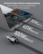 WOTOBEUS 175W Car Charger Dual USB C Adapter: PD 100W & PPS 45W - Super Fast Charging for iPhone 15/14 Max, MacBook Air, iPad Pro, Samsung Galaxy S24/S23 Ultra, Pixel & More Type C Laptops, Grey